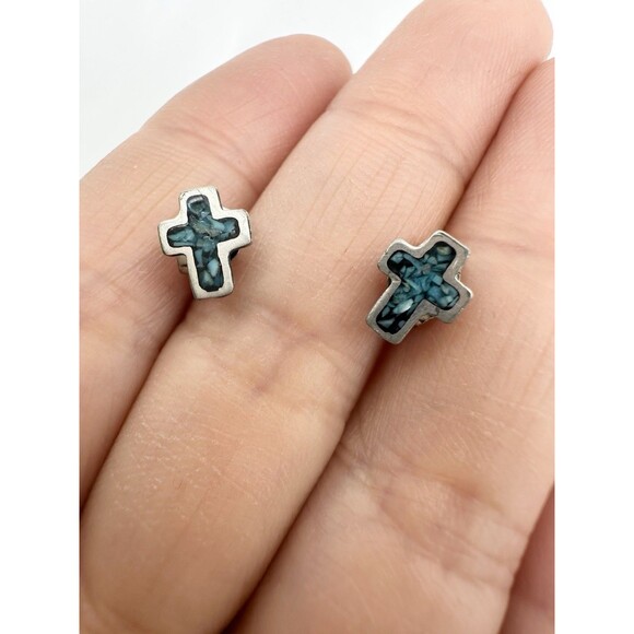 Stainless Steel Crashed Turquoise Cross Stud Earrings - Picture 2 of 3